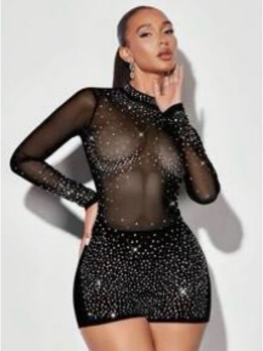 Black Sheer Rhinestone Bodycon one piece